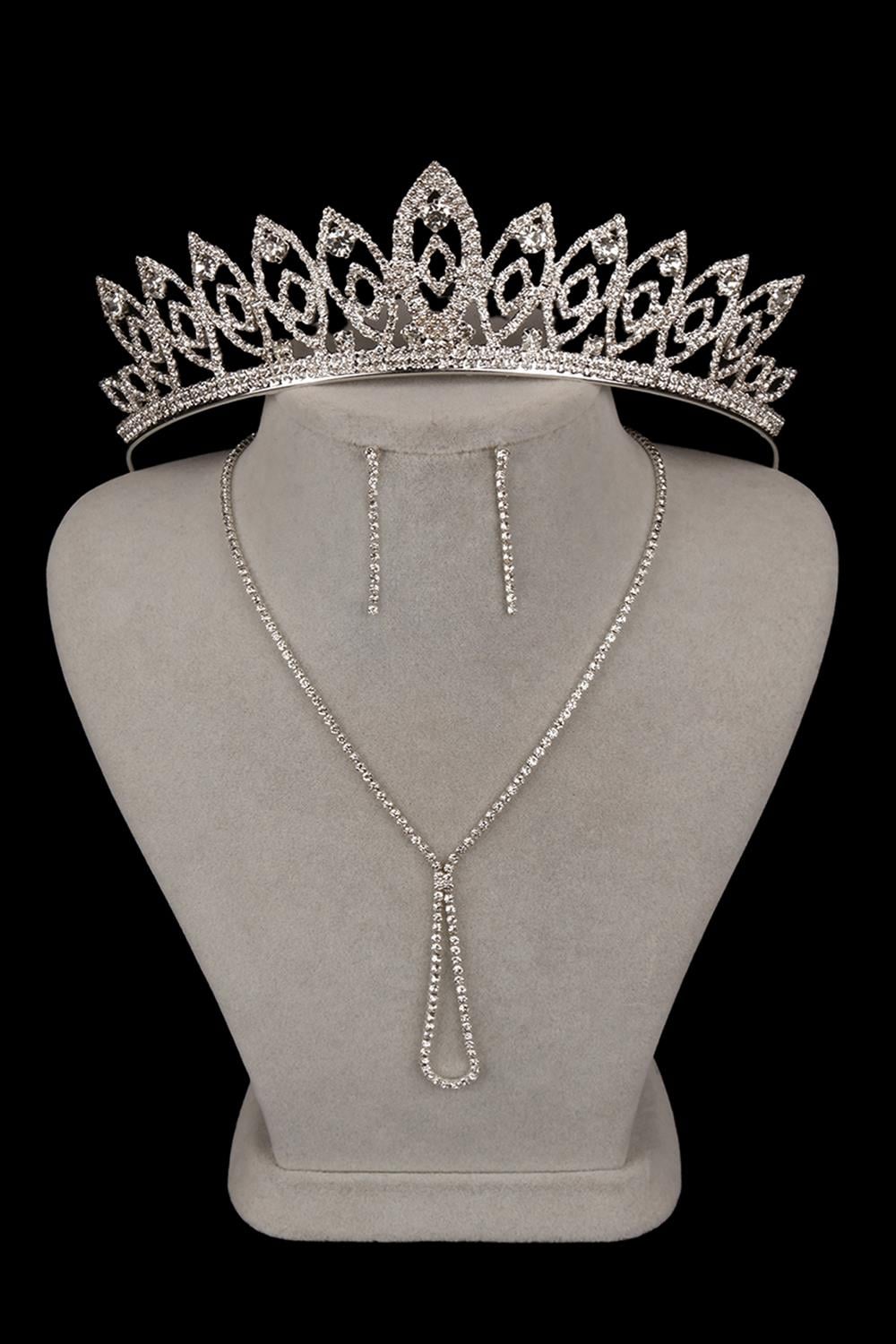 Lade Stylish Crystal Stone Evening Dress Necklace Earring Set and Thin Leaf Bridal Crown