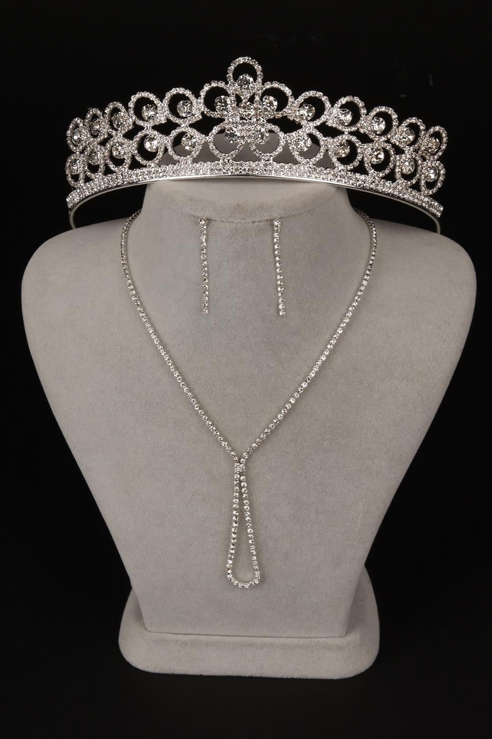 Lade Stylish Crystal Stone Evening Dress Necklace Earring Set and Flower Bridal Crown