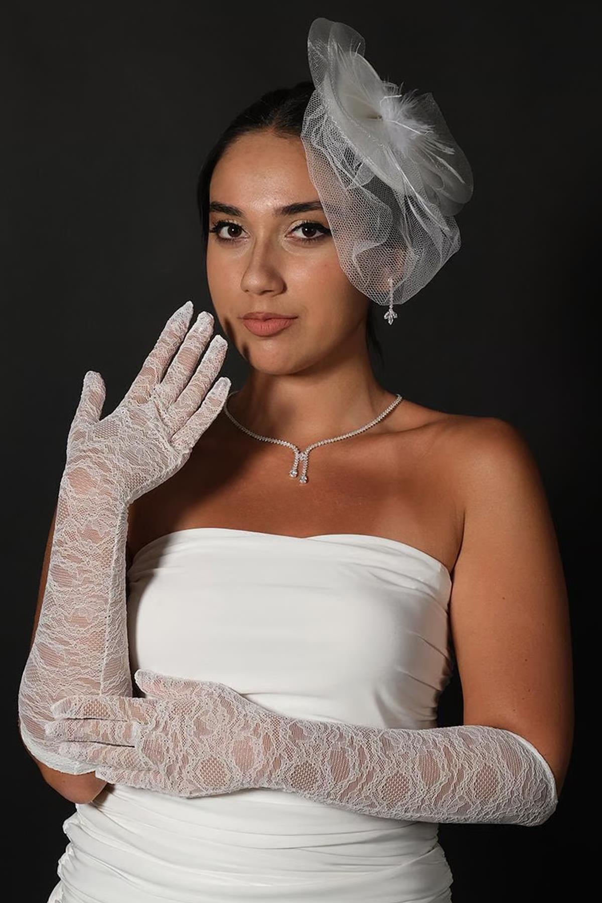 Wholesale Lycra Lace Long Bridal Gloves And Flat Voilet Wedding Hat
