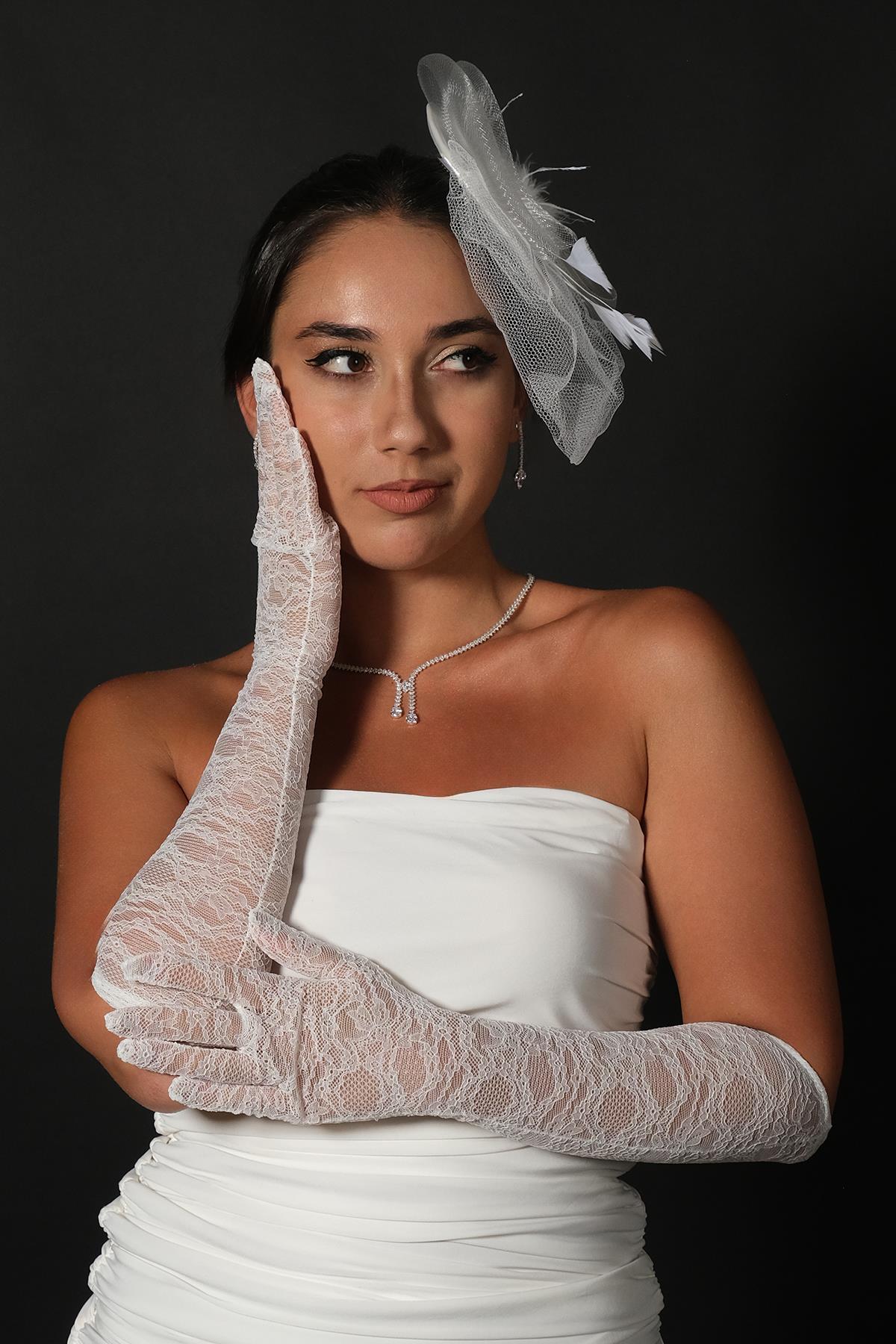 Wholesale Lycra Lace Long Bridal Gloves And Flat Voilet Wedding Hat