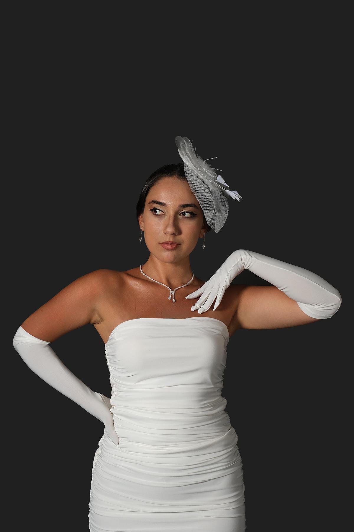 Toptan Likralı Sendi Kumaş Uzun Eldiven Ve Düz Vualet Nikah Şapkası