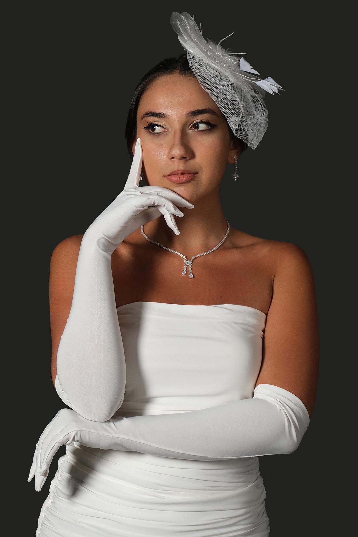 Toptan Likralı Sendi Kumaş Uzun Eldiven Ve Düz Vualet Nikah Şapkası