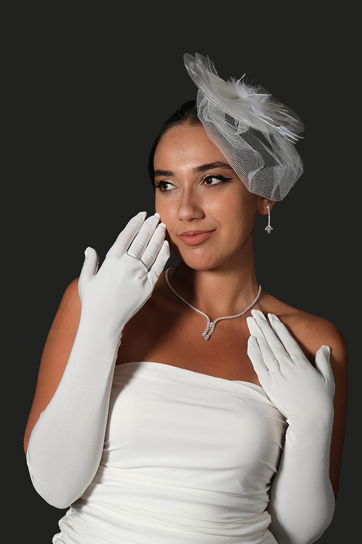 Toptan Likralı Sendi Kumaş Uzun Eldiven Ve Düz Vualet Nikah Şapkası