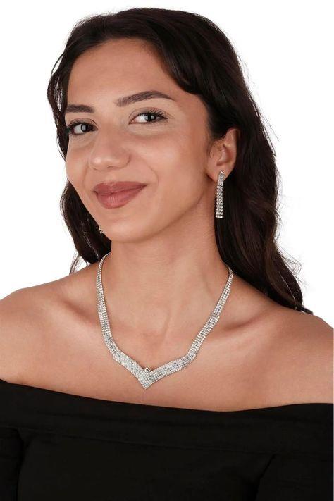 Linda Taşlı Abiye Kolye Küpe Seti Ve Yaprak Gelin Tacı