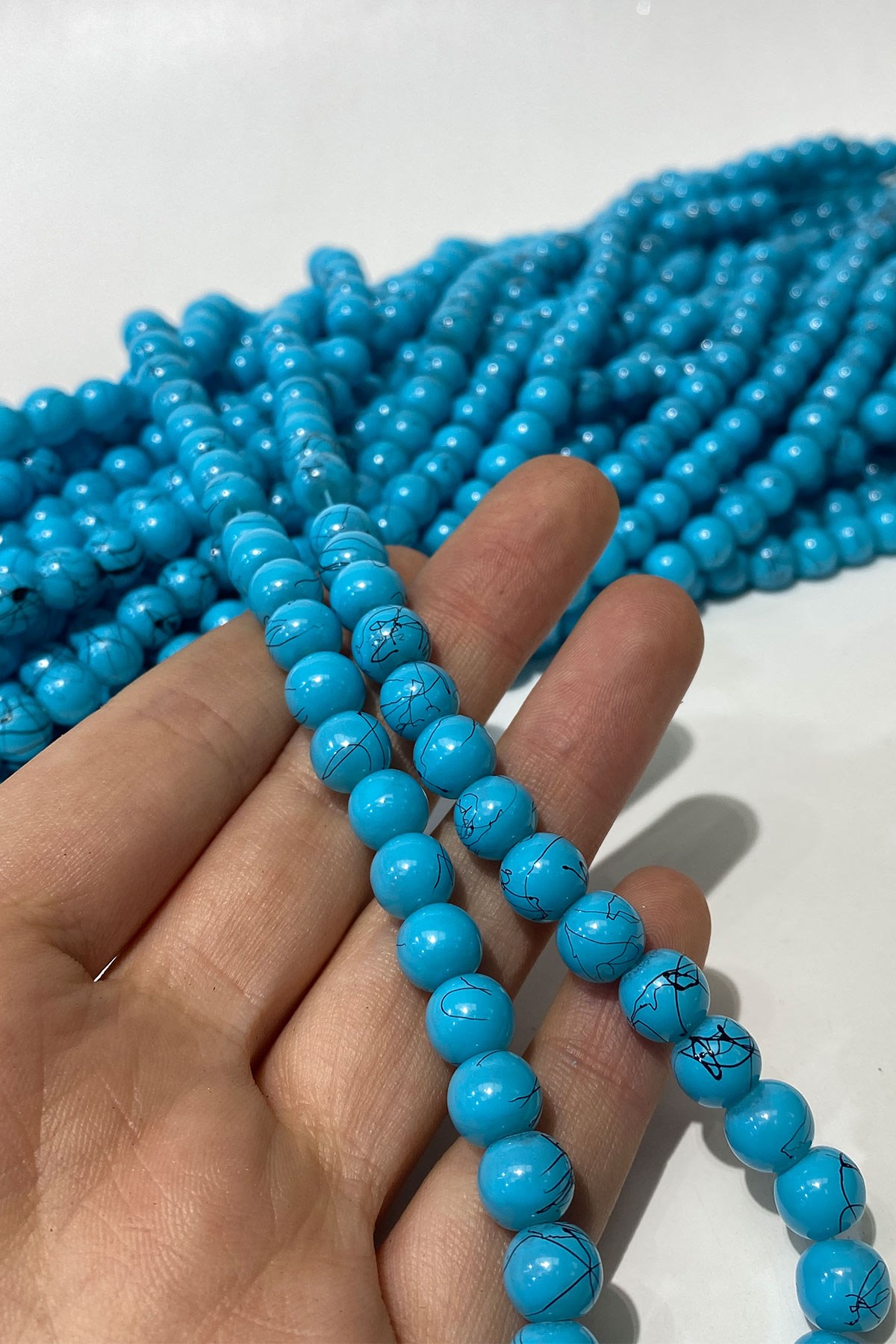 Mat Turkuaz Desenli Dizi Cam Boncuk 8 mm