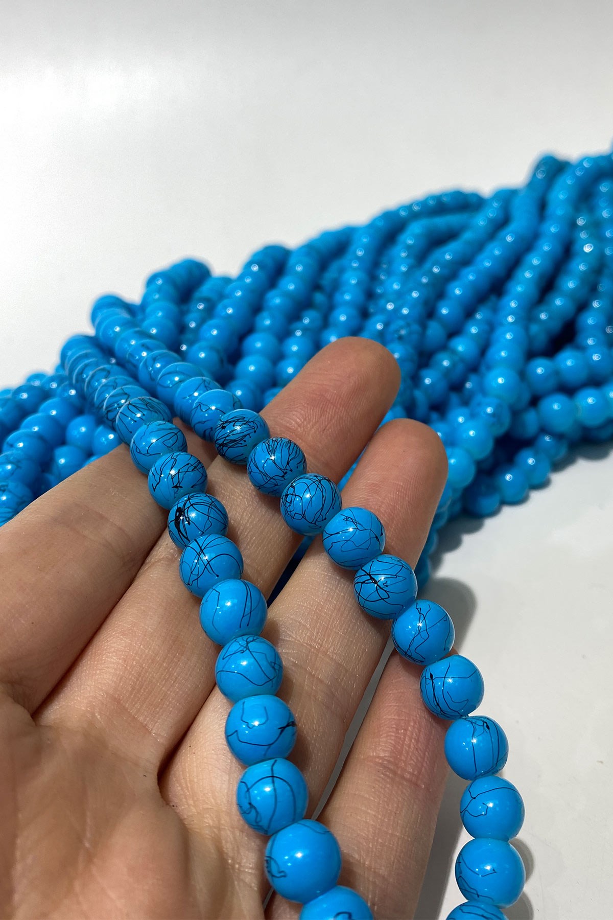 Blue Patterned String Glass Beads 8 mm