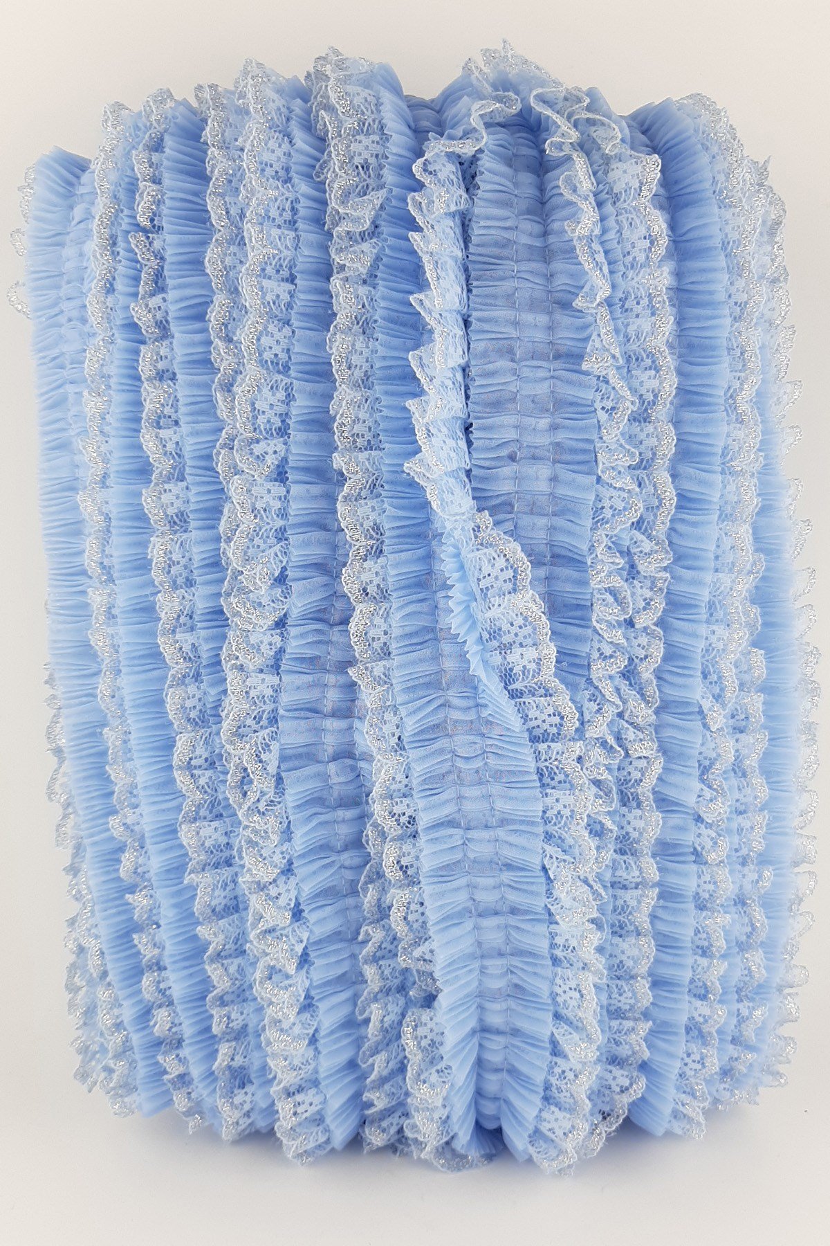 Mavi Gümüş Sim Dantelli Plise Fırfır