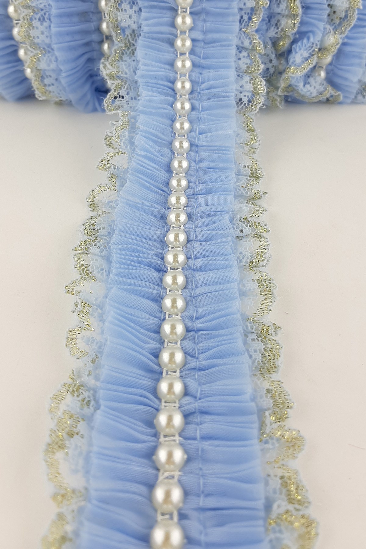 Mavi İncili Sim Dantel Plise Fırfır