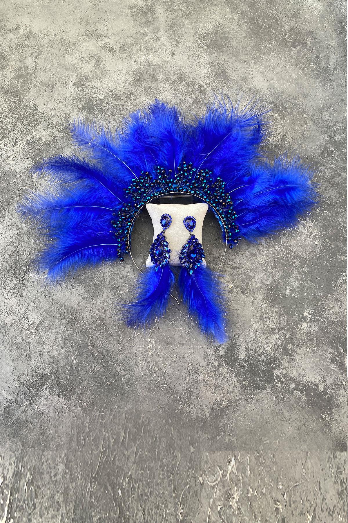 Maya Tüylü Kristal Boncuklu Gelin Kına Tacı ve Küpesi