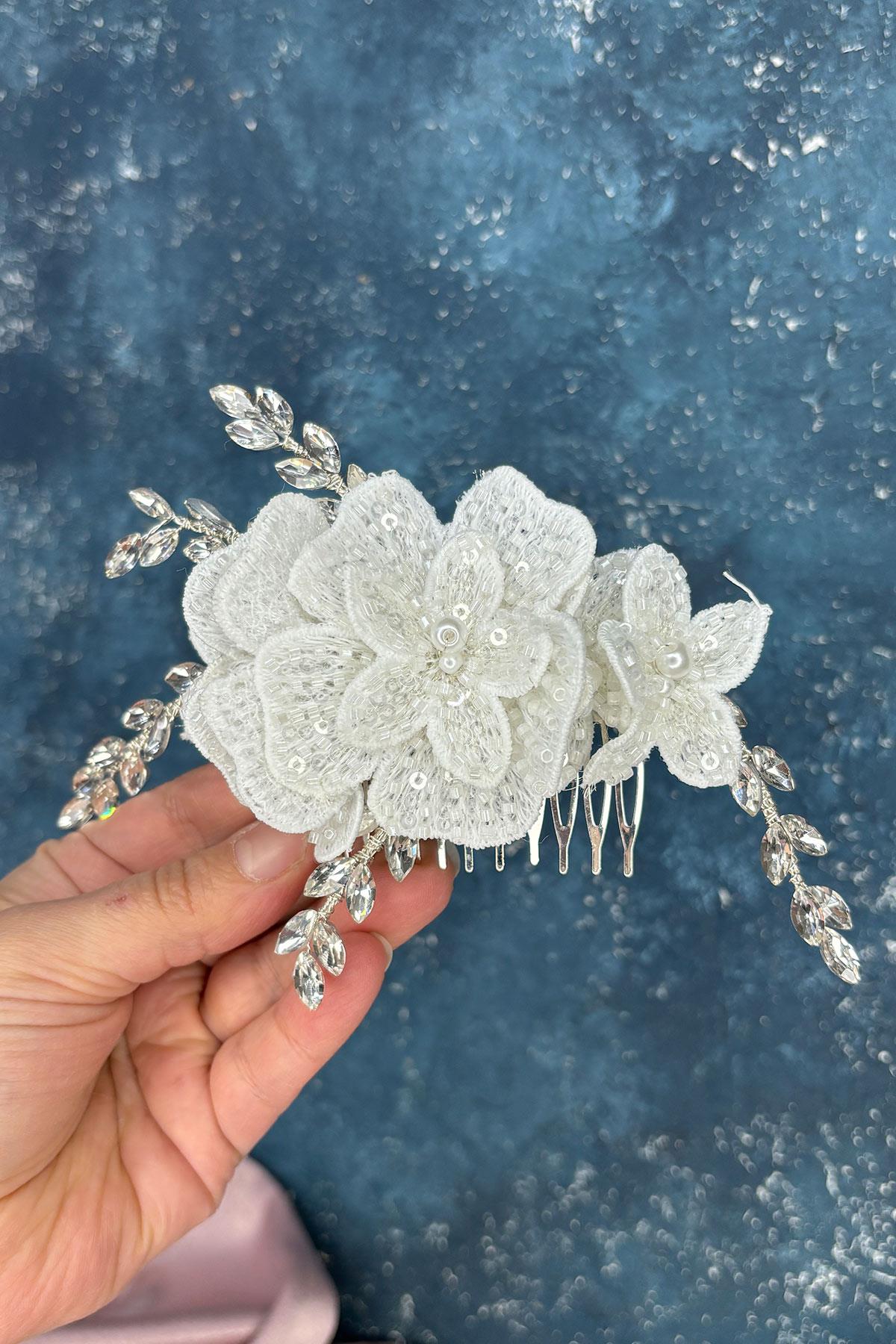 Maysi Dantel İşlemeli Taşlı Tarak Toka Gelin Aksesuarı