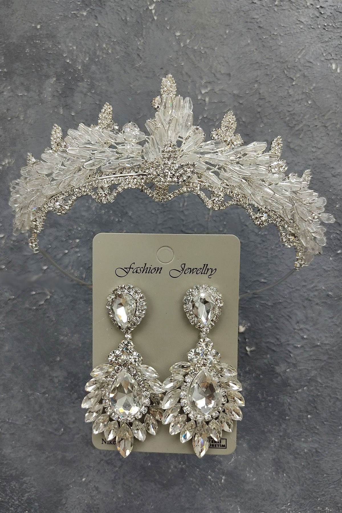 Shuttle Beaded Almond Bridal Crown And Drop Studded Earrings