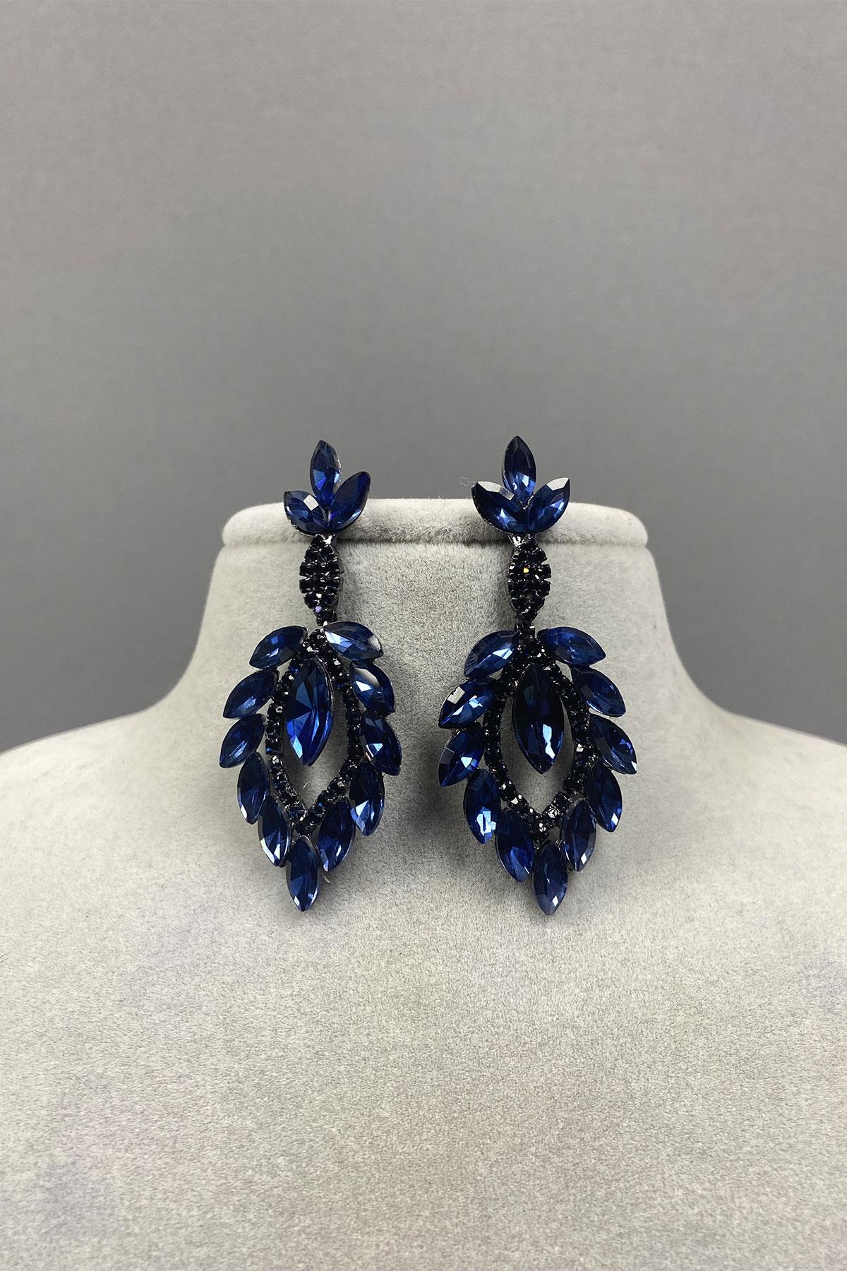 Mekik Duru Yaprak Desenli Taşlı Abiye Küpe