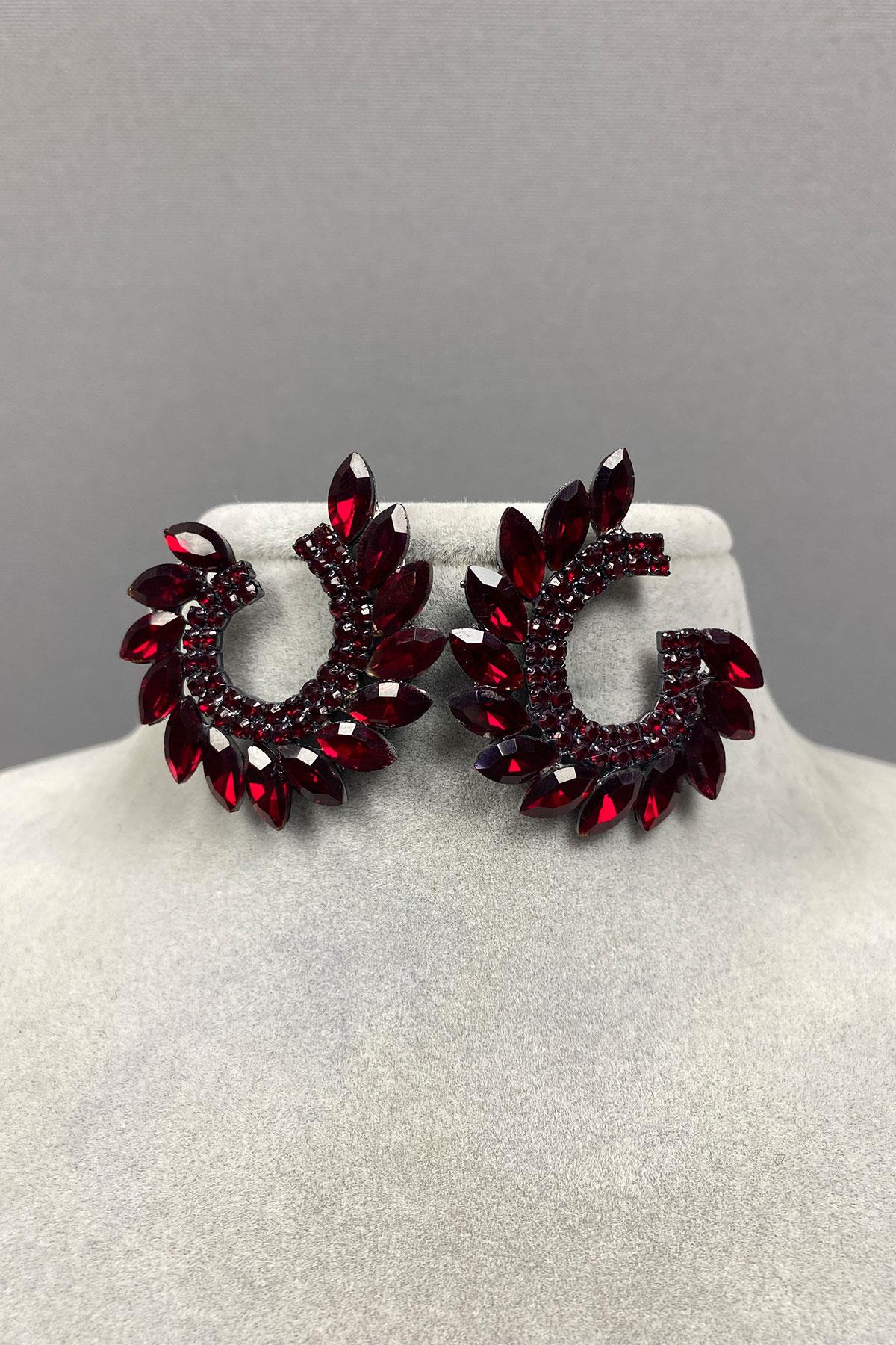 Mekik Hera Yaprak Desen Taşlı Abiye Küpe