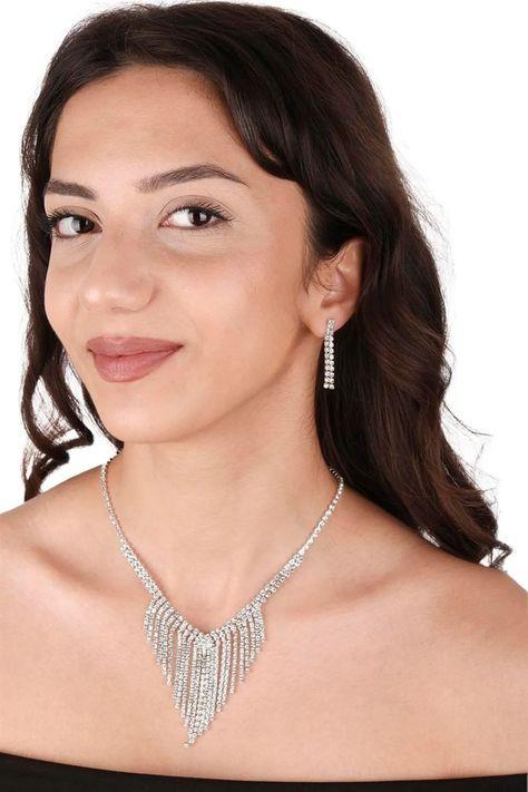 Mia Taşlı Abiye Kolye Küpe Seti Ve Lale Gelin Tacı