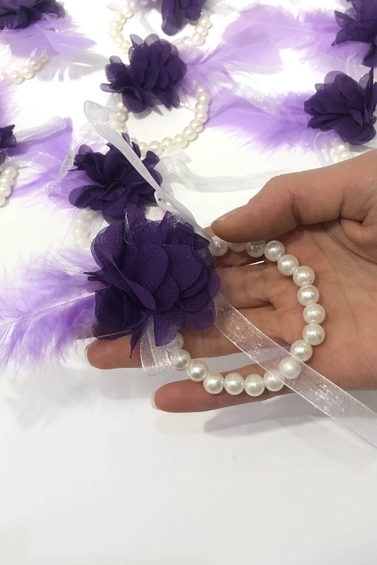 Bridesmaid Bracelet with Purple Flowers and Pearls