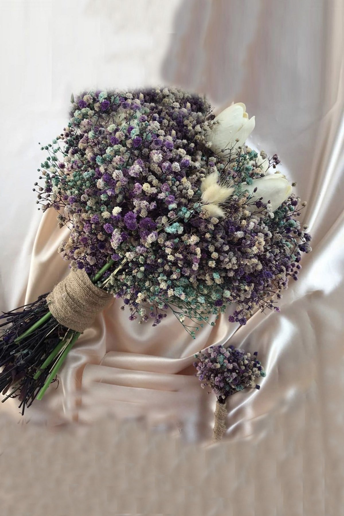 Bridal Bouquet with Purple Gypsum and Wet White Tulips