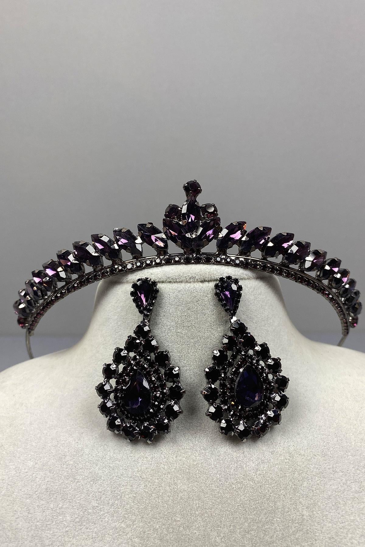 Purple Ece Bridal Henna Crown and Fine Shuttle Stone Earring Set