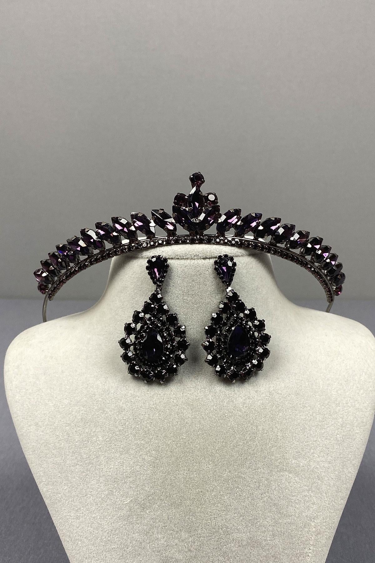 Purple Ece Bridal Henna Crown and Fine Shuttle Stone Earring Set