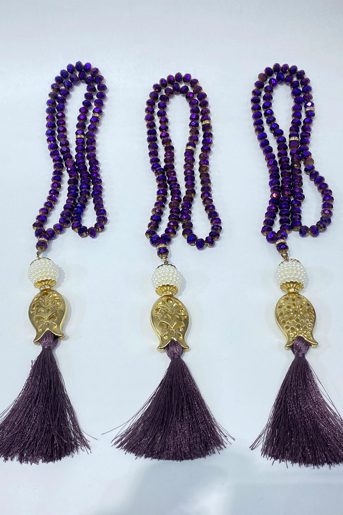 Purple Gift Tulip Tassel Crystal Beaded 99-Bead Prayer Rosary (for Mawlid, Circumcision, Hajj, and Umrah)