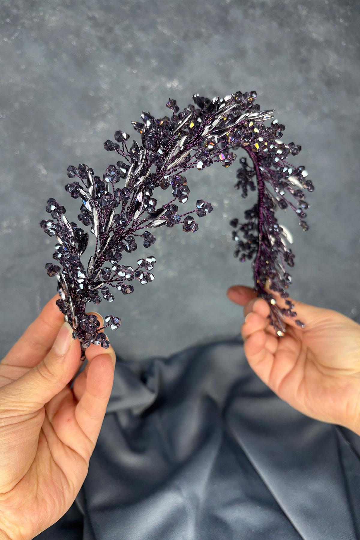Purple Hera Crystal Beaded Bridal Henna Tiara Hair and Turban Accessory