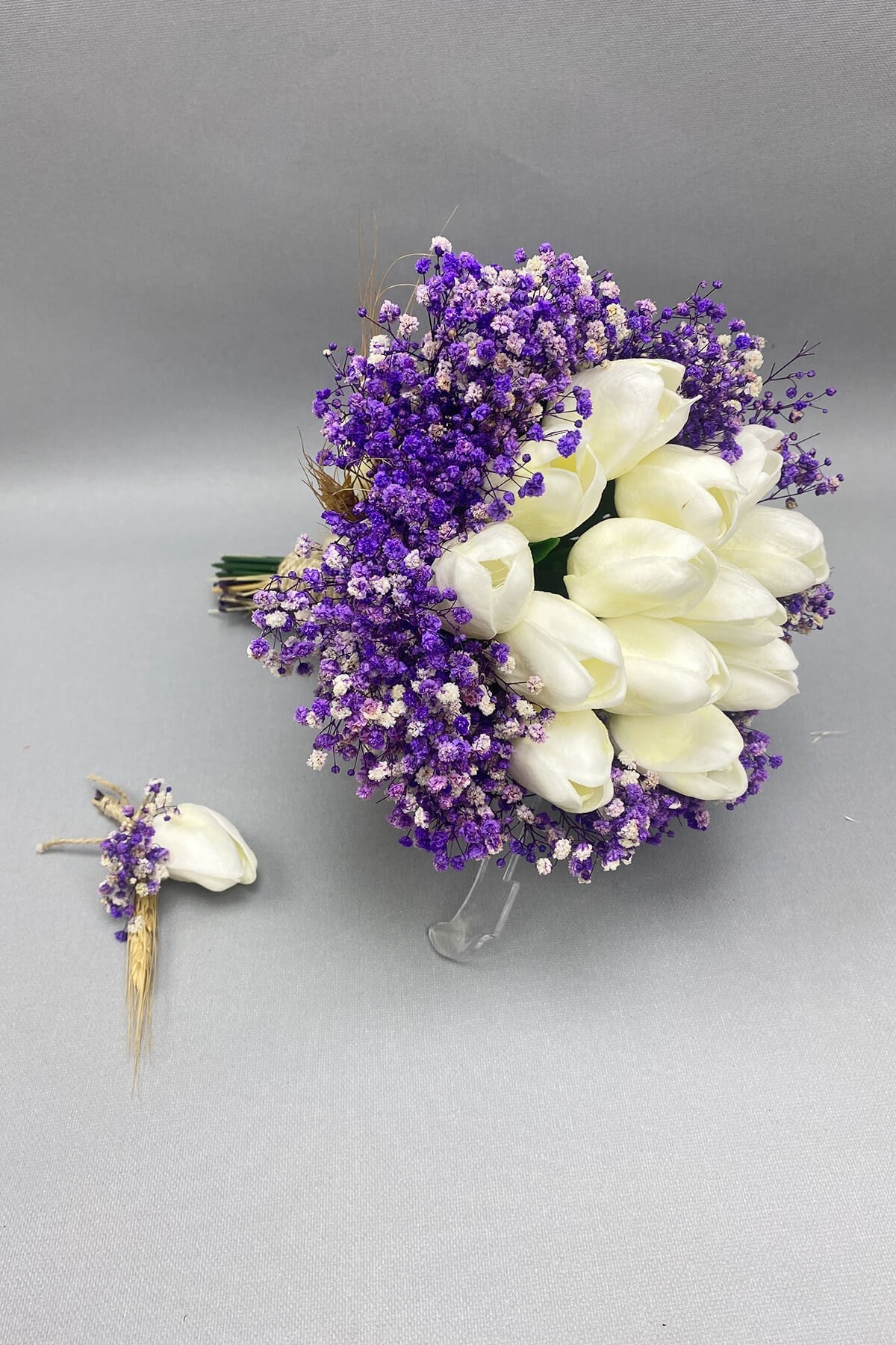 Bride Bouquet and Groom Boutonniere with White Wet Tulips with Purple Dried Flowers