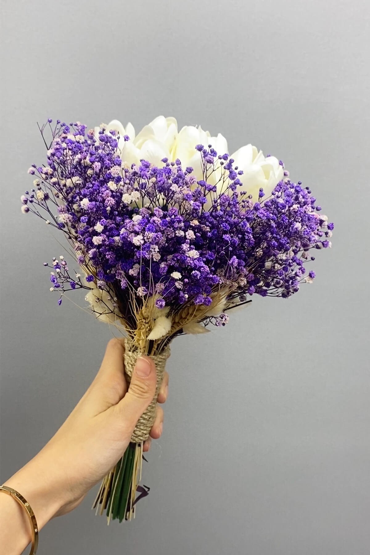 Bride Bouquet and Groom Boutonniere with White Wet Tulips with Purple Dried Flowers