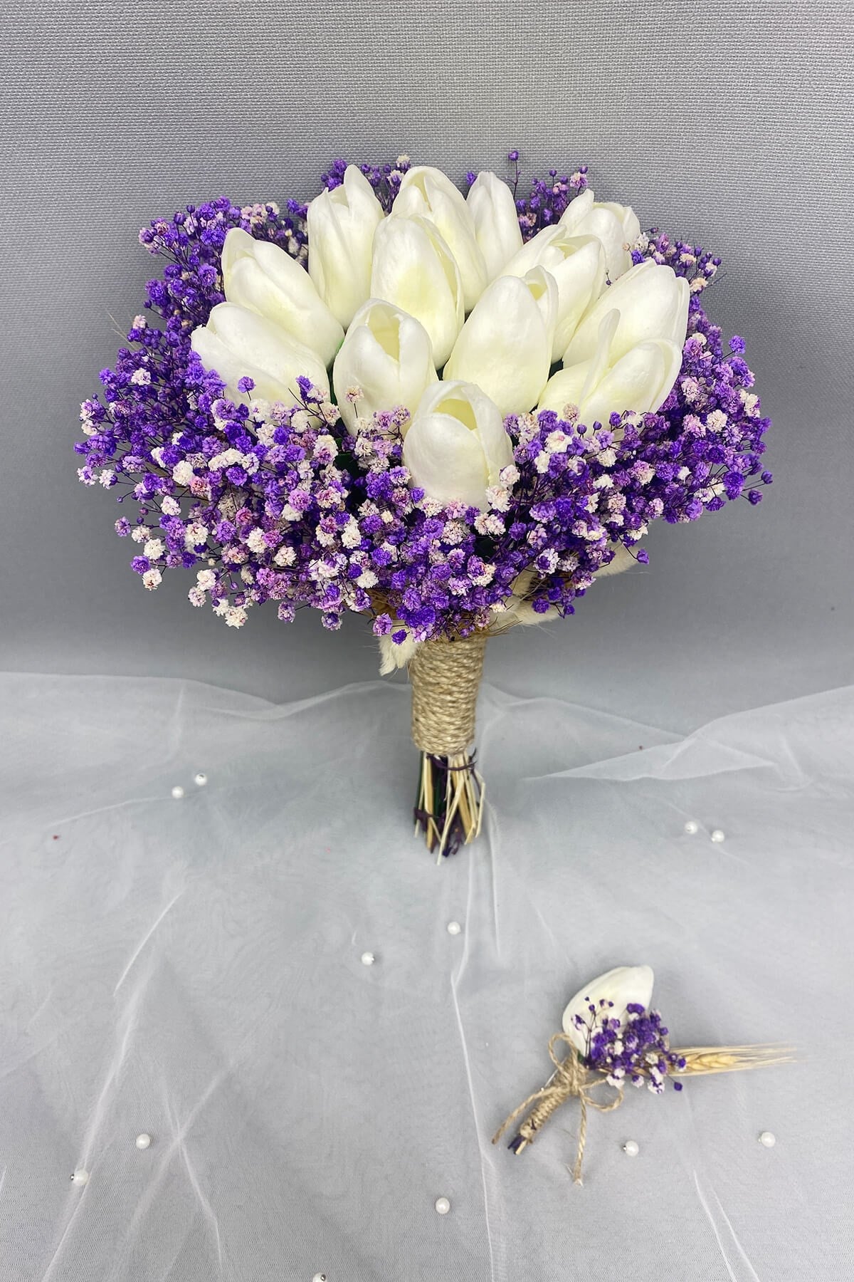 Bride Bouquet and Groom Boutonniere with White Wet Tulips with Purple Dried Flowers