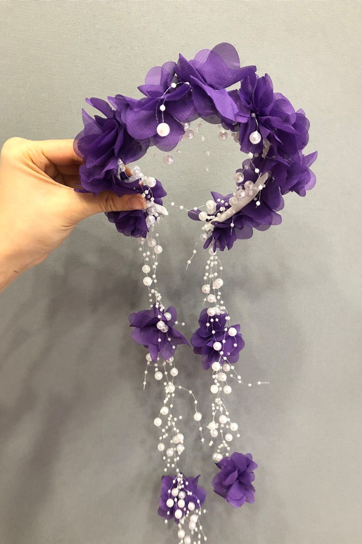 Mor Tüllü Lazer Çiçekli Taç