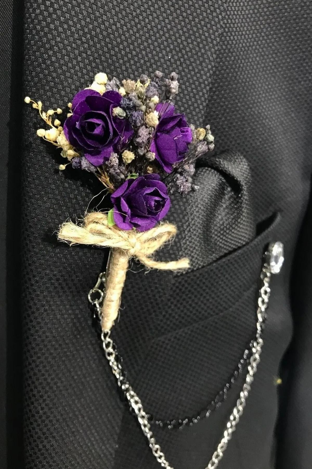 Mor Yaka Çiçeği Damat ve Sağdıç Yaka Çiçeği 1 Adet