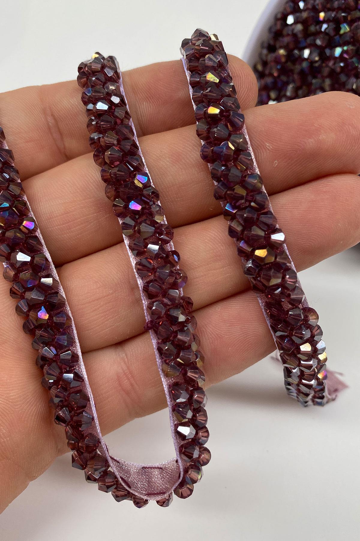 Plum Crystal Bead Embroidered Ribbon