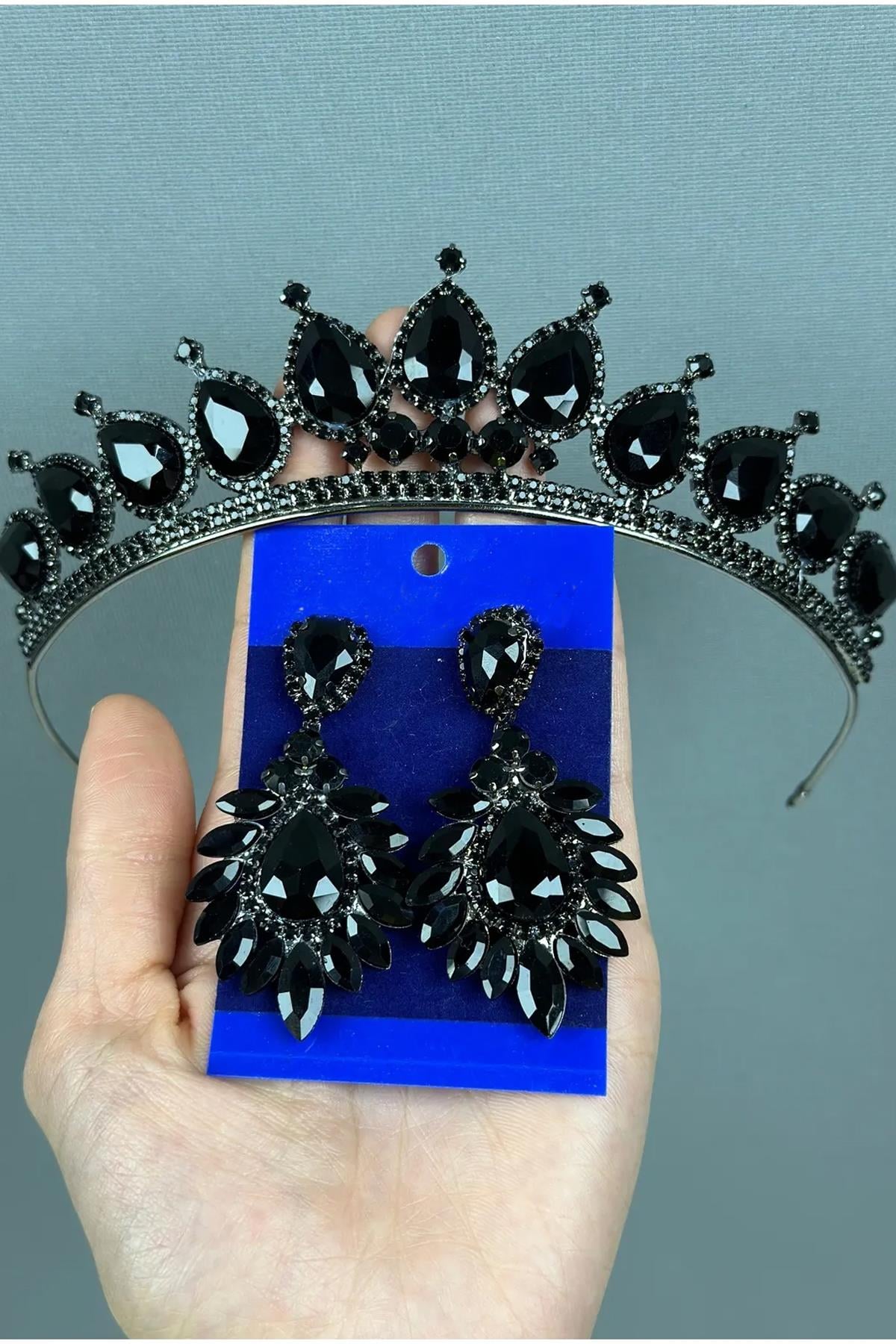 Neri Model Wedding Henna Costume Crown and Drop Earrings Set Black