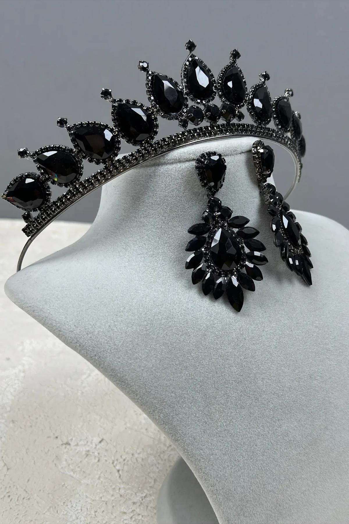 Neri Model Wedding Henna Costume Crown and Drop Earrings Set Black