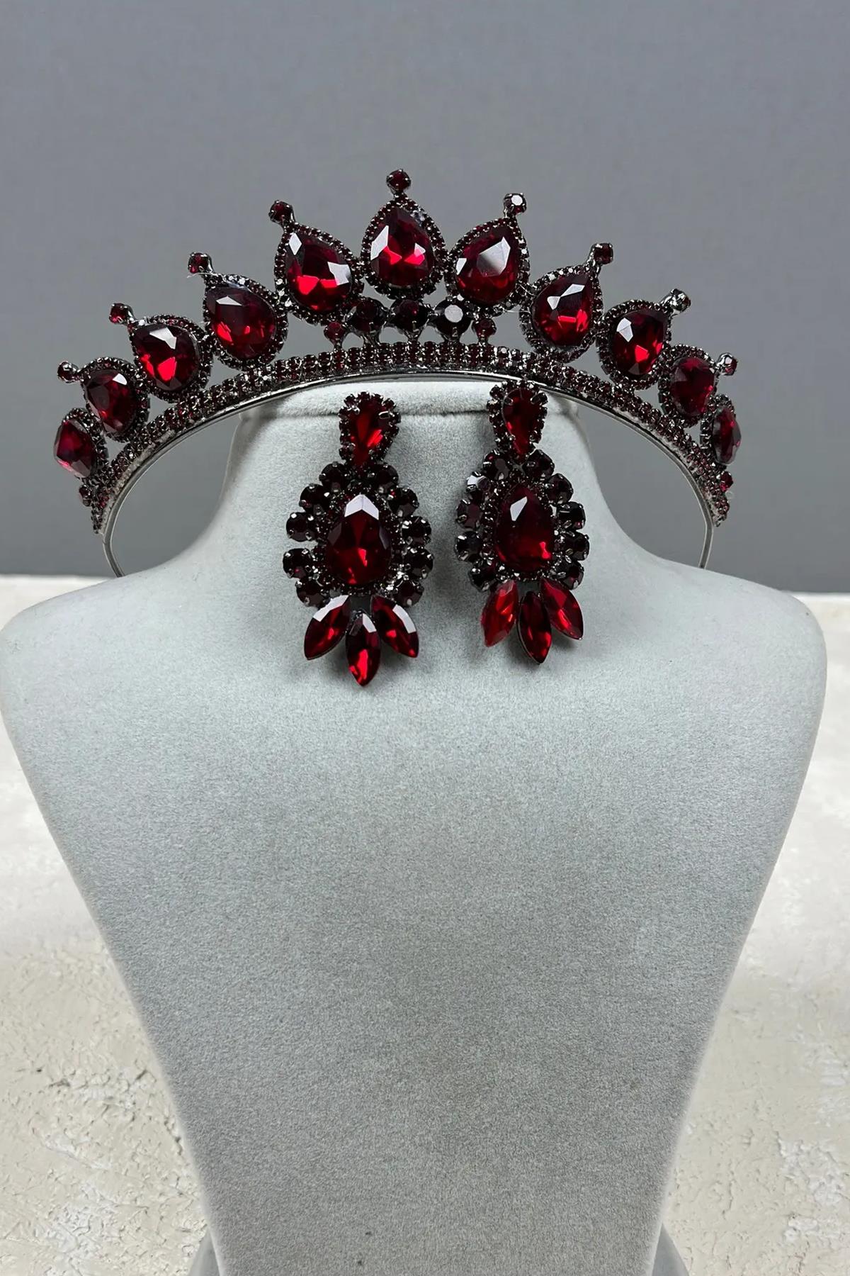 Neri Model Wedding Henna Costume Crown and Shuttle Drop Earring Set Claret Red