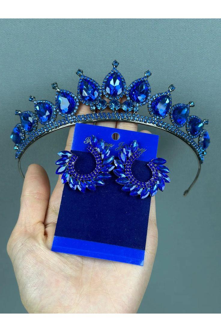 Neri Model Düğün Kına Kostüm Tacı ve Yaprak Küpe Seti Sax Blue
