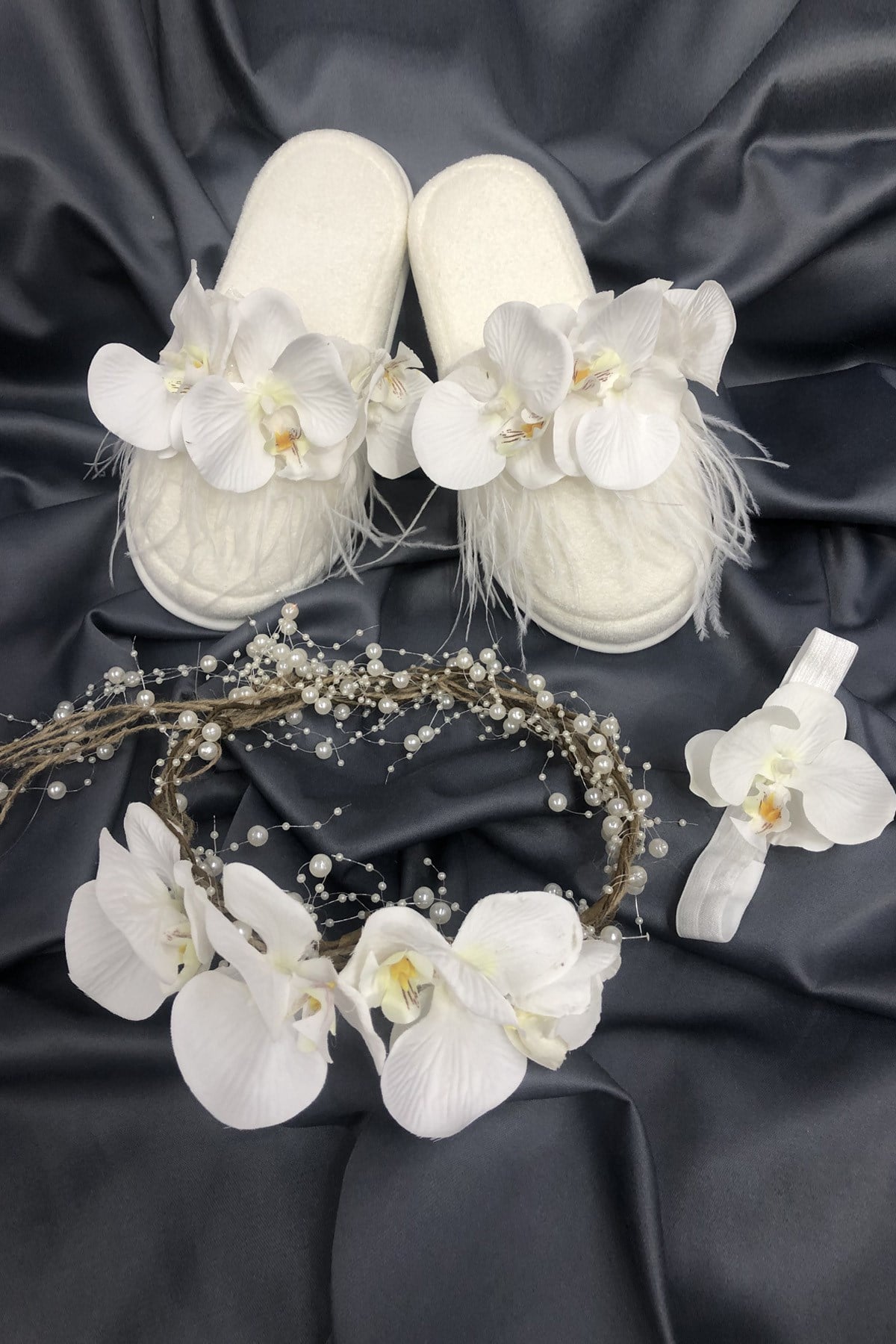 Orchid Feather and Pearl Postpartum Slippers Crown Set