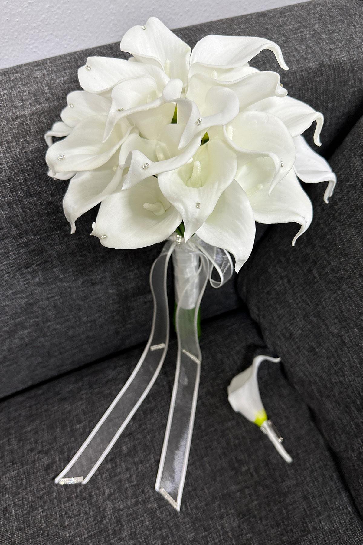 Sparkling Beaded Wet Gala Bridal Bouquet and Grooms Boutonnière