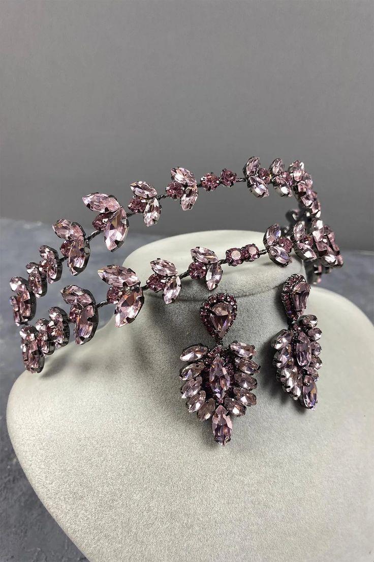 Pembe Alfa Çift Sıra Gelin Kına Tacı Ve Mekikli Küpe Seti