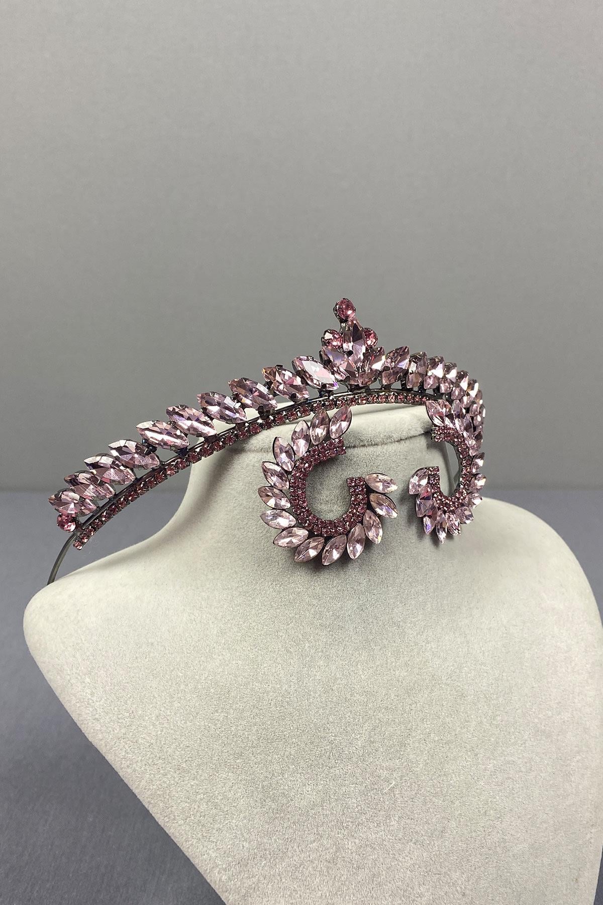 Pembe Ece Gelin Kına Tacı Ve Yuvarlak Taşlı Küpe Seti