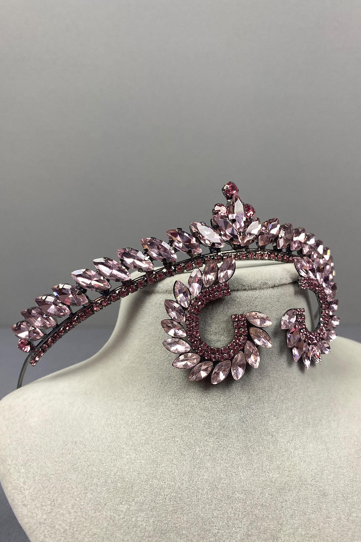 Pembe Ece Gelin Kına Tacı Ve Yuvarlak Taşlı Küpe Seti