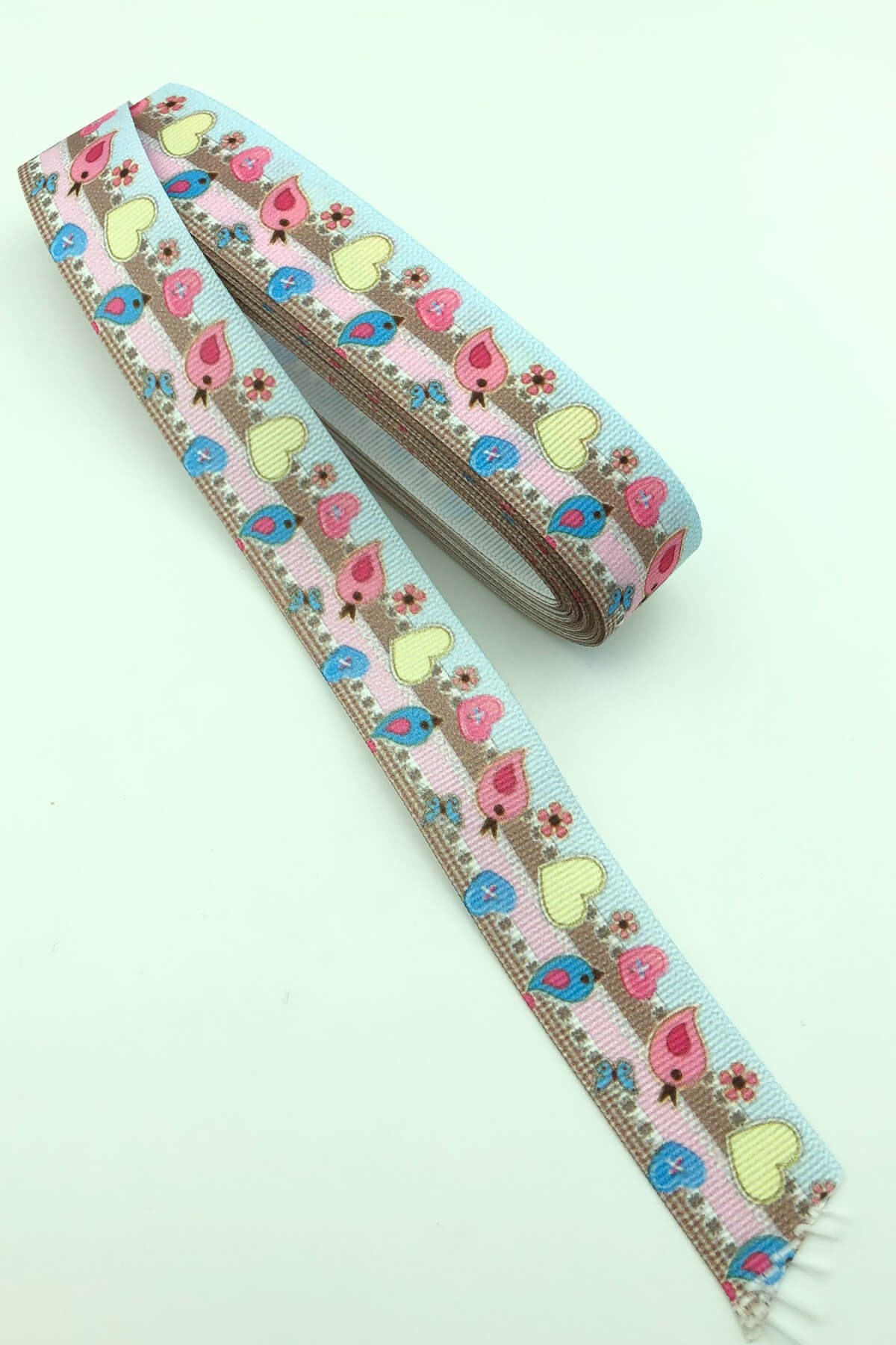 Pembe Kuş Baskılı Grogren Kurdele 10 Mt