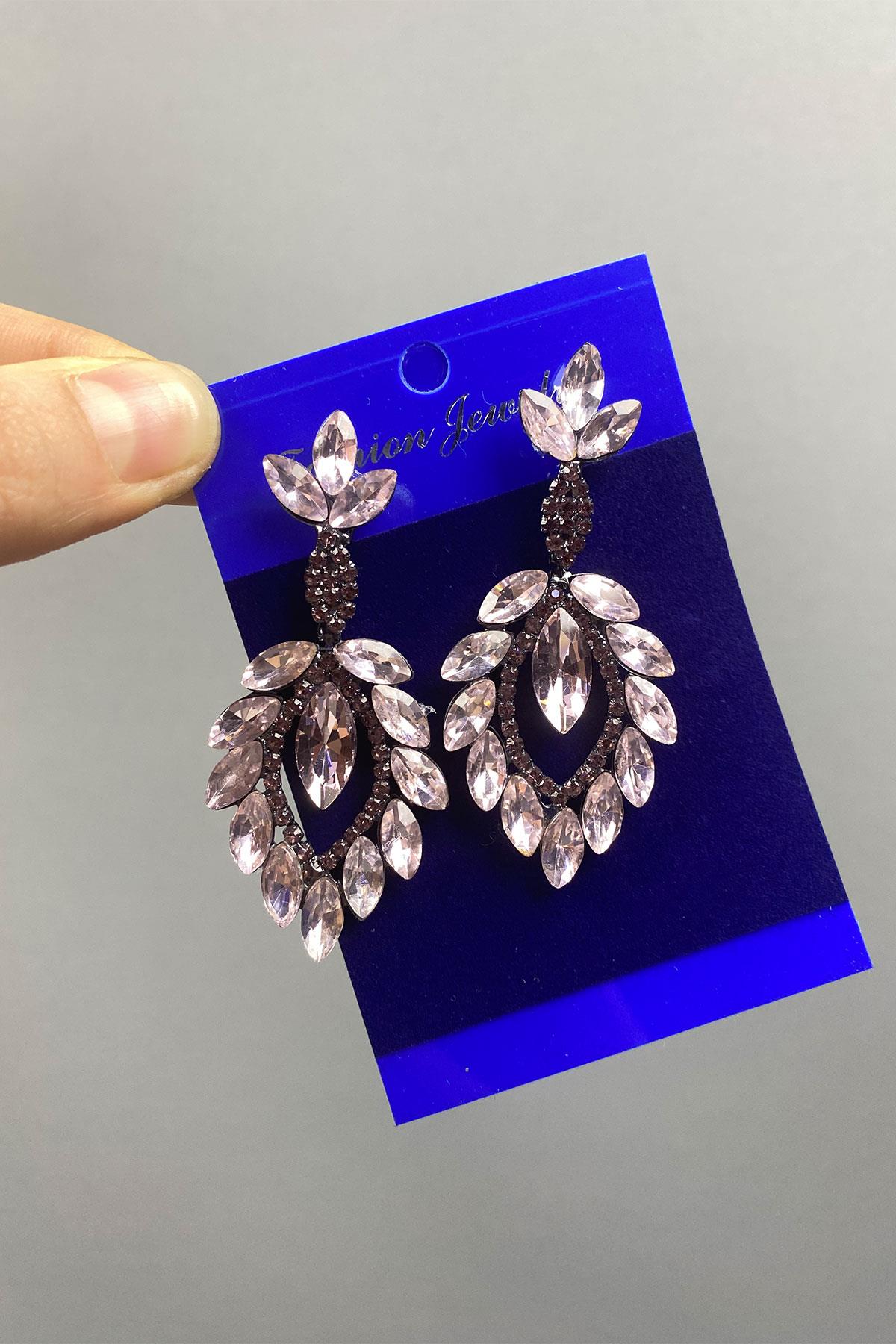 Pink Shuttle Duru Leaf Patterned Stone Evening Dress Earrings