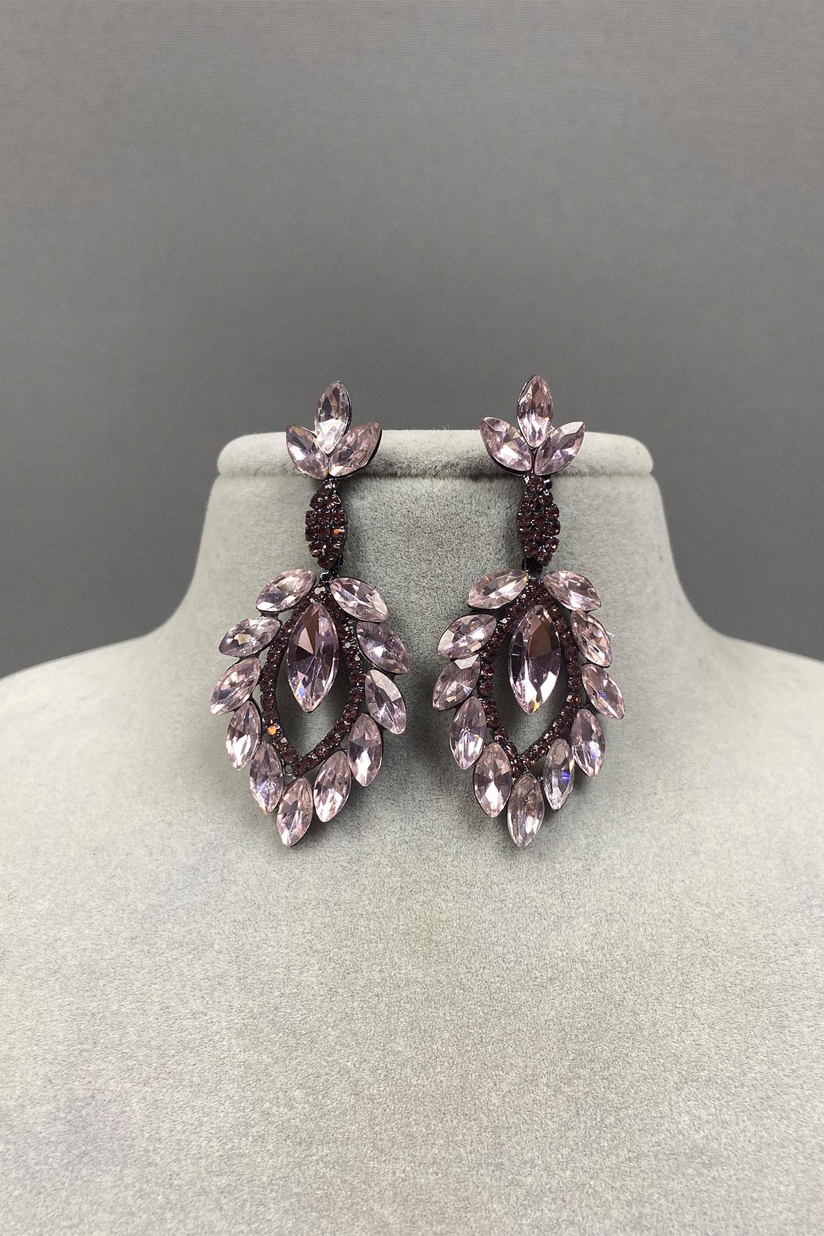 Pink Shuttle Duru Leaf Patterned Stone Evening Dress Earrings
