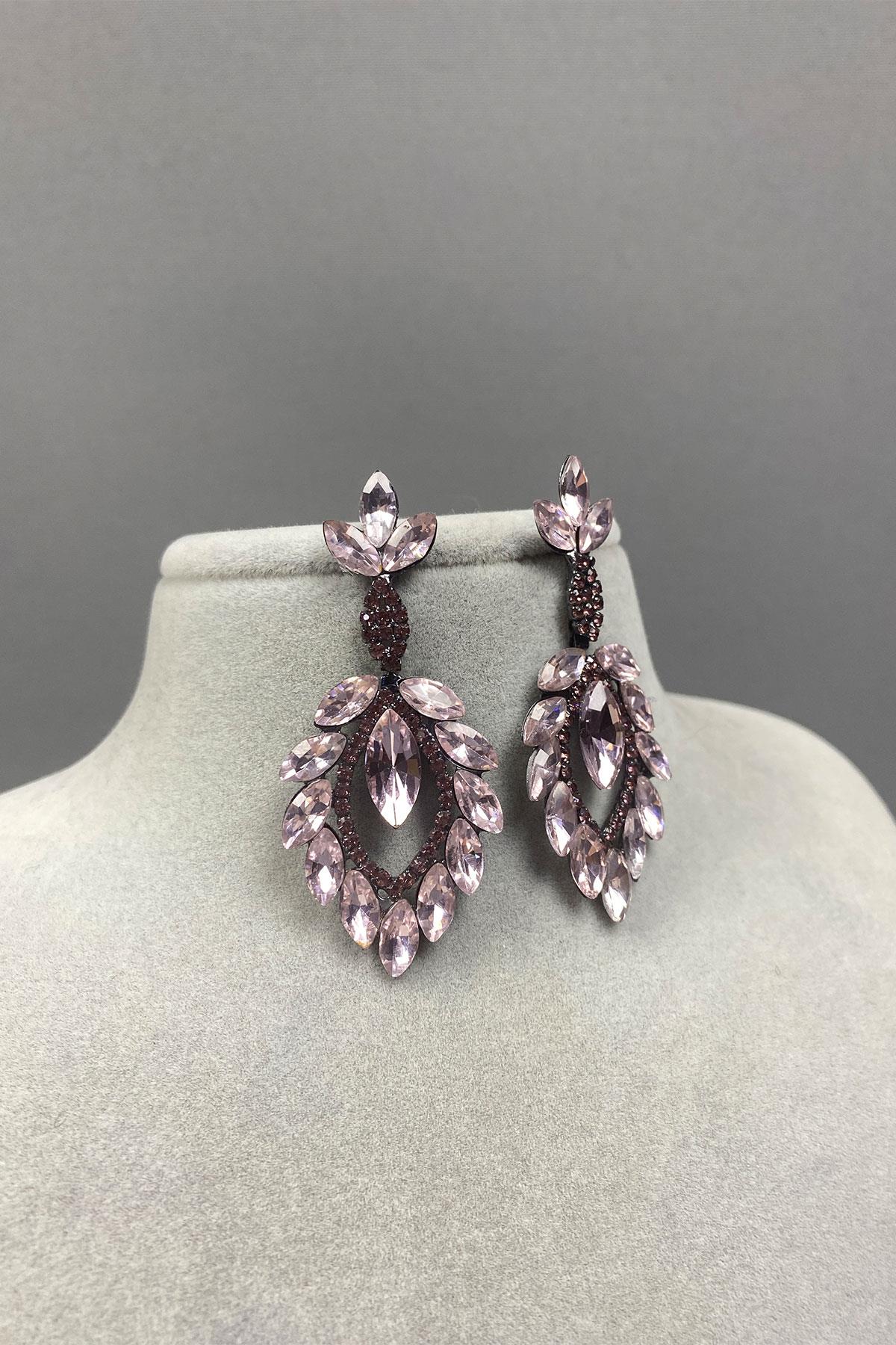 Pink Shuttle Duru Leaf Patterned Stone Evening Dress Earrings