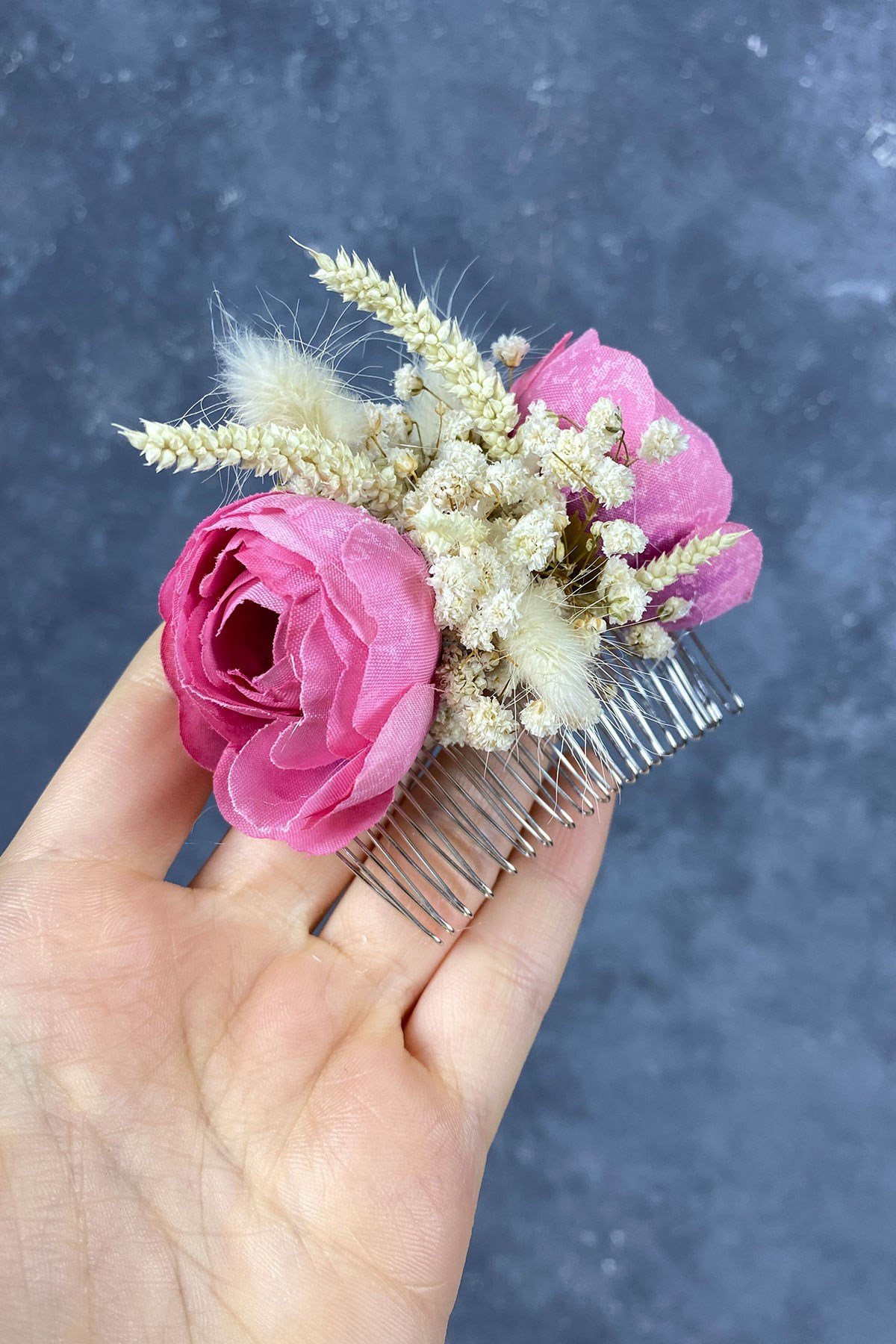 Pembe Pamuk Otlu Cipso ve Yapay Çiçek Taraklı Saç Tokası Aksesuar