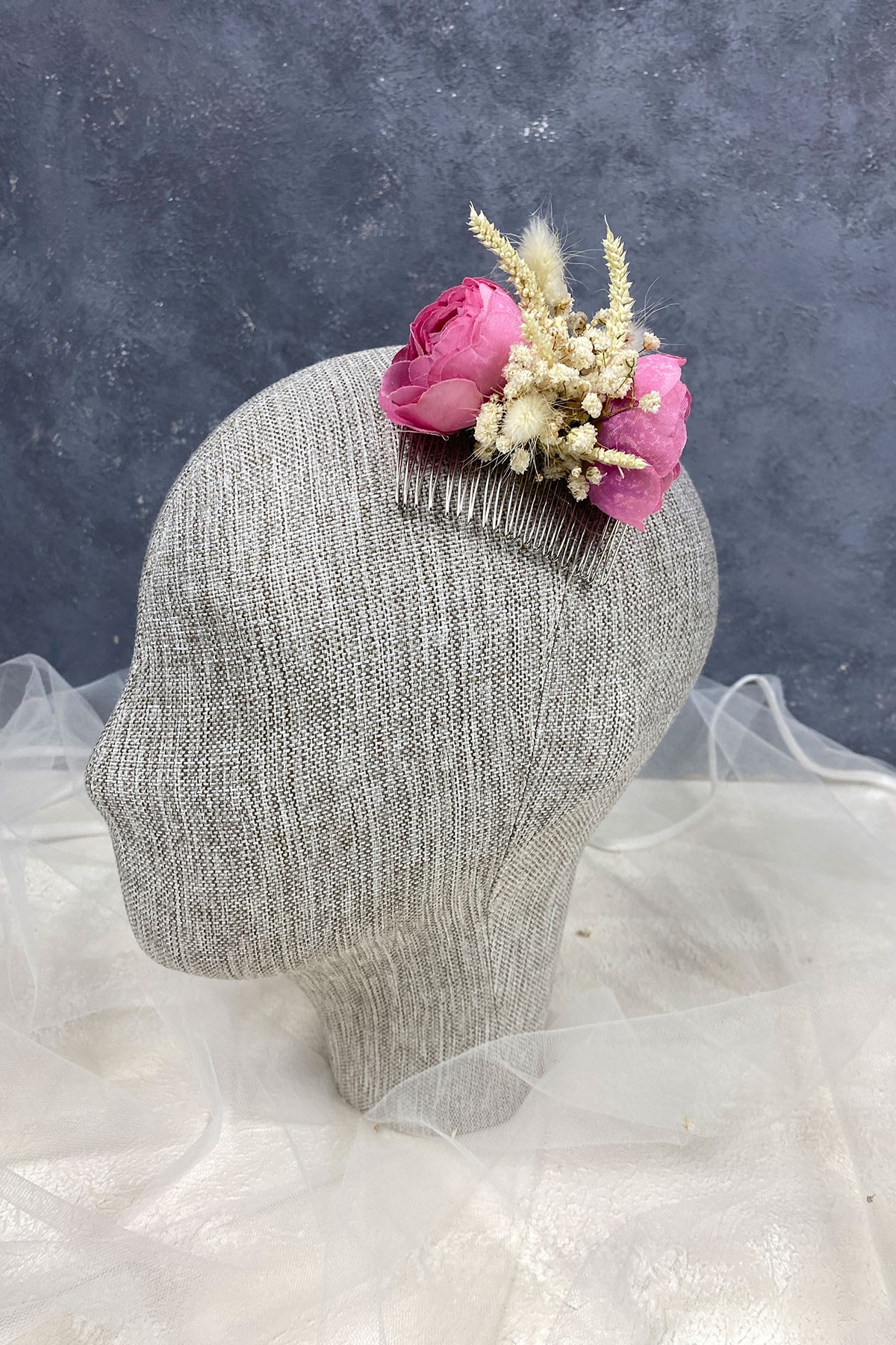 Pembe Pamuk Otlu Cipso ve Yapay Çiçek Taraklı Saç Tokası Aksesuar