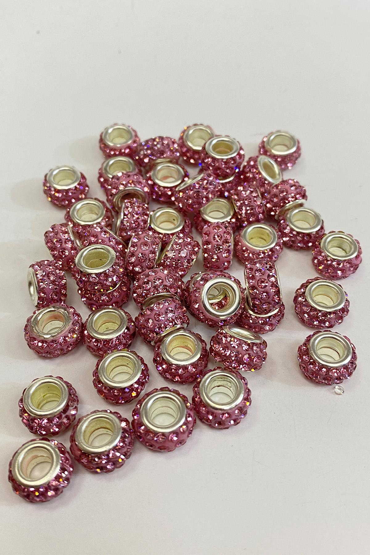 Pembe Parlak Taşlı İri Delikli Boncuk 12 mm