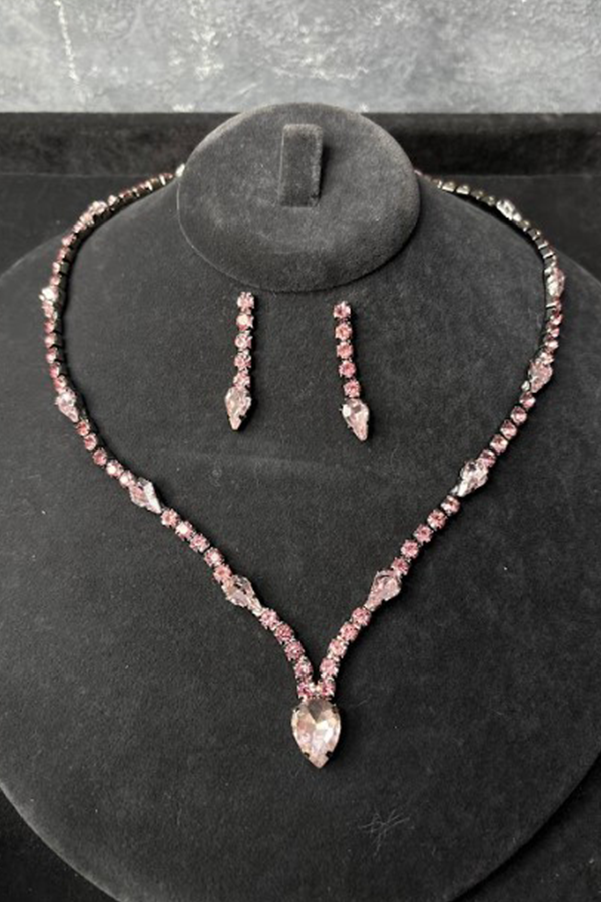 Pembe Renk Taşlı Kolye Küpe Set Şık Zarif Abiye Davet Takı