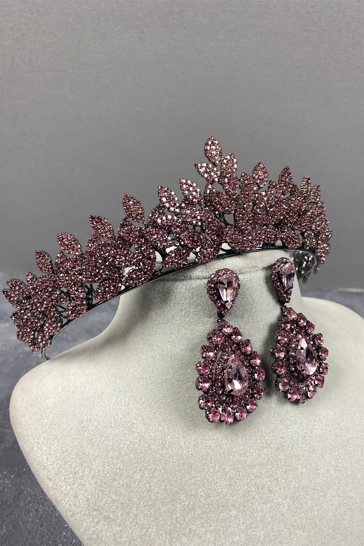 Pink Sara Dense Stone Bridal Henna Tiara and Drop Stone Earring