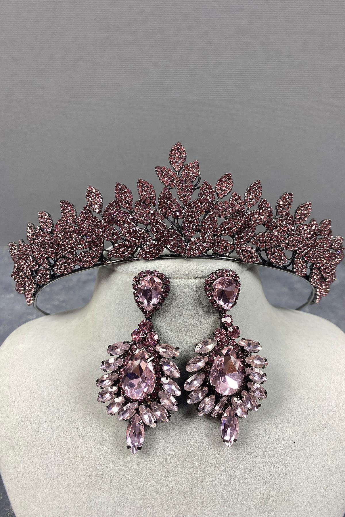 Pink Sara Dense Stone Bridal Henna Tiara and Earring Set