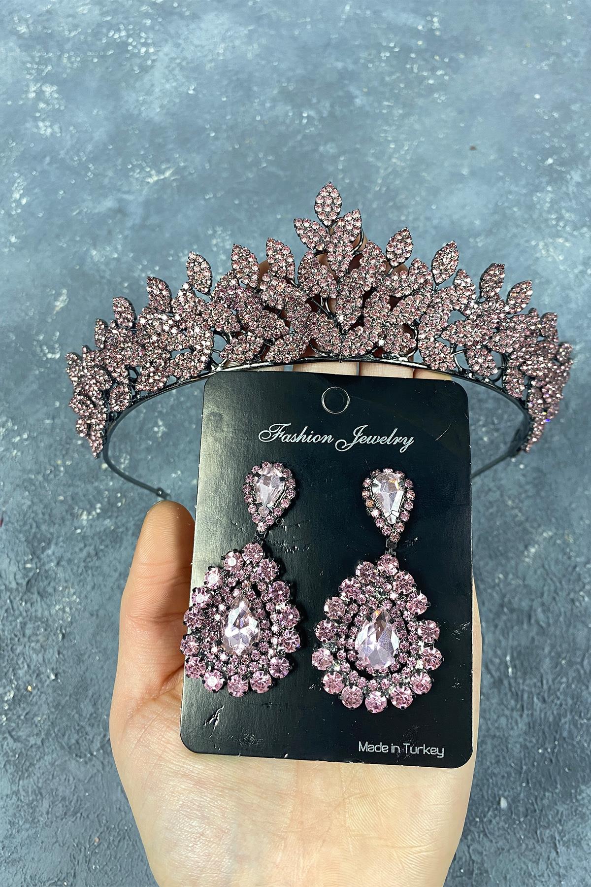 Pink Sara Dense Stone Bridal Henna Tiara and Drop Stone Earring